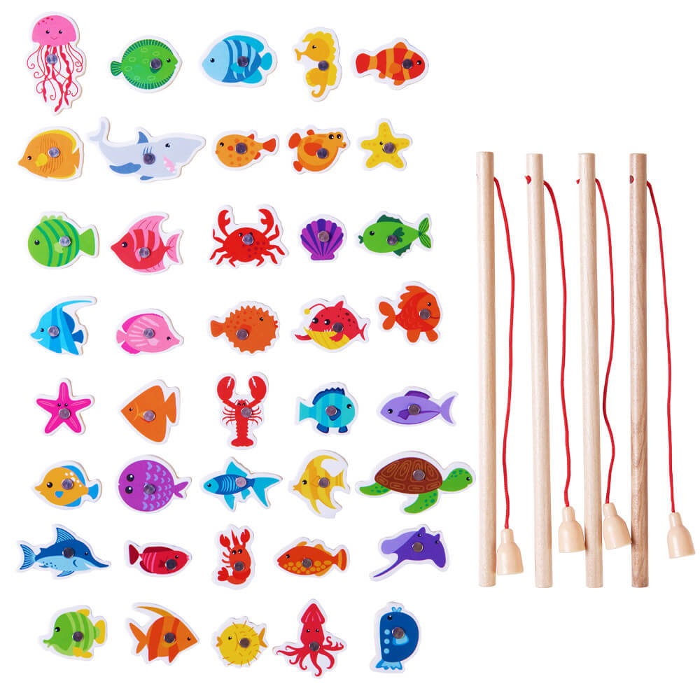 Wooden Magnetic Fishing Board Game Hand Held Kids Family Rod Party Puzzle