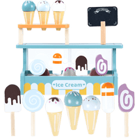 Wooden ice cream counter with assortment of ice creams and lollies