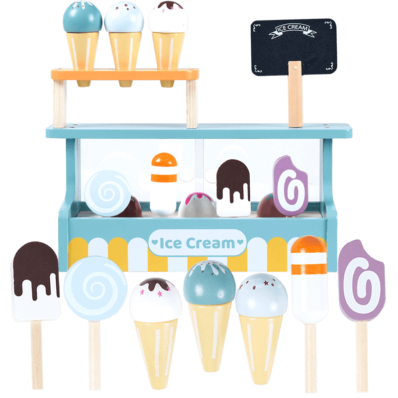 Wooden ice cream counter with assortment of ice creams and lollies