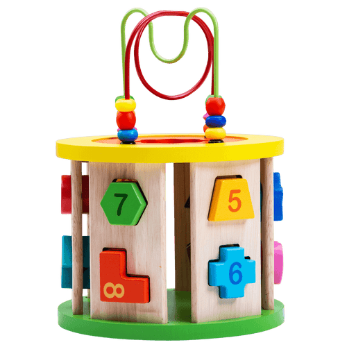 Colourful wooden activity cube shape sorter with bead maze on top