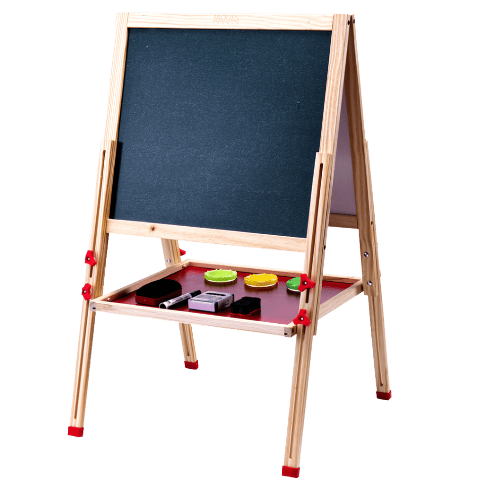 Wooden adjustable child's easel - Blackboard side of easel with paint pots, board rubbers, chalks and dry wipe marker pen