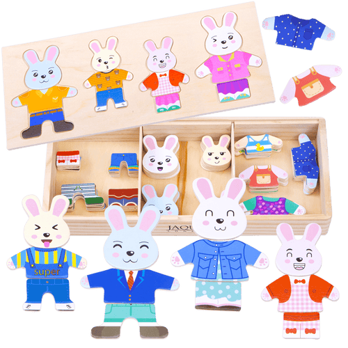 Wooden dress up bunnies with tons of outfit options