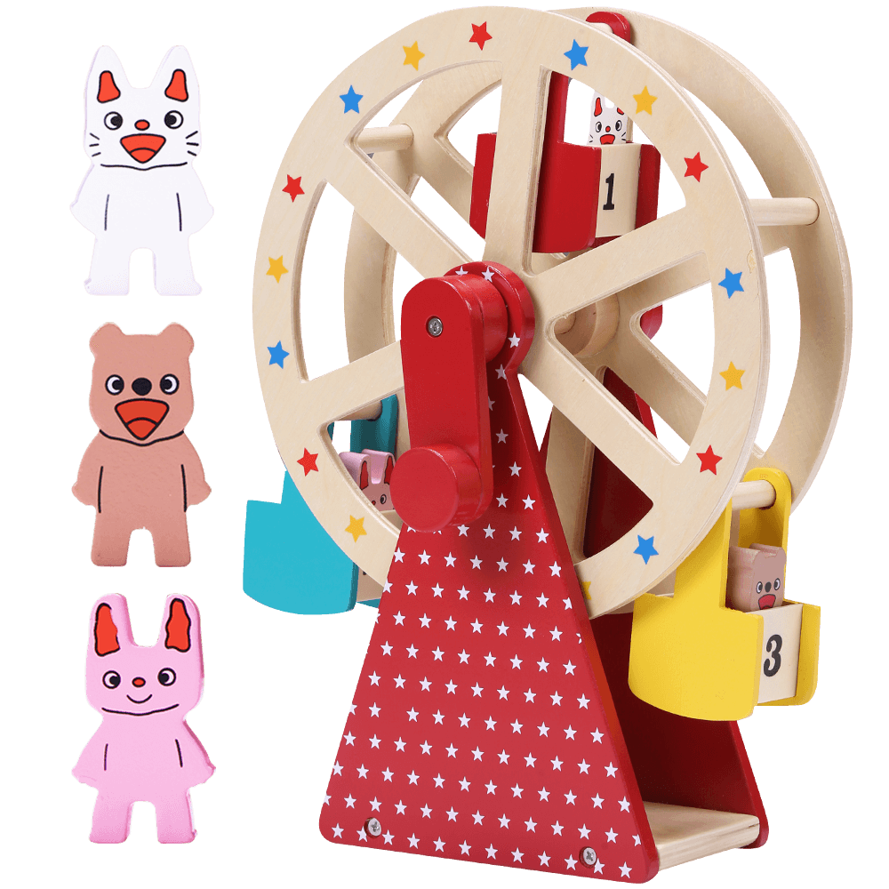 Wooden ferris wheel toy with animal riders