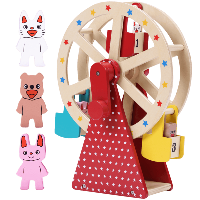 Wooden ferris wheel toy with animal riders