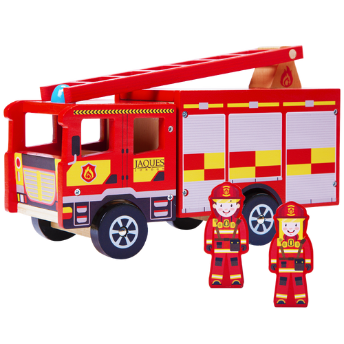 Fire engine with 2 little fire fighters standing along side