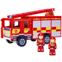 Fire engine with 2 little fire fighters standing along side