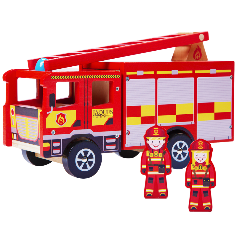 Fire engine with 2 little fire fighters standing along side