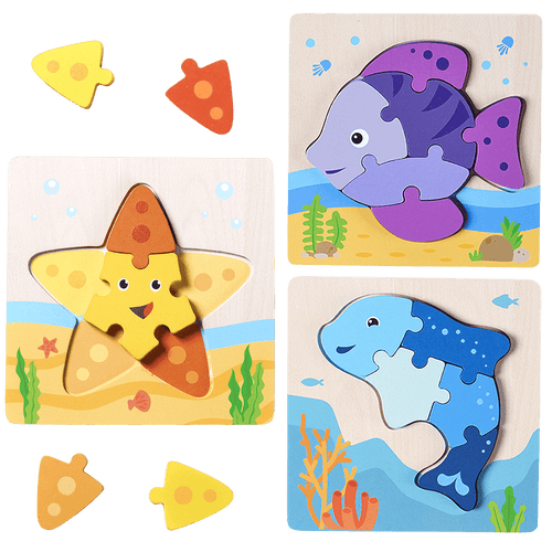 Set of 3 wooden puzzle boards of a fish, starfish and dolphin