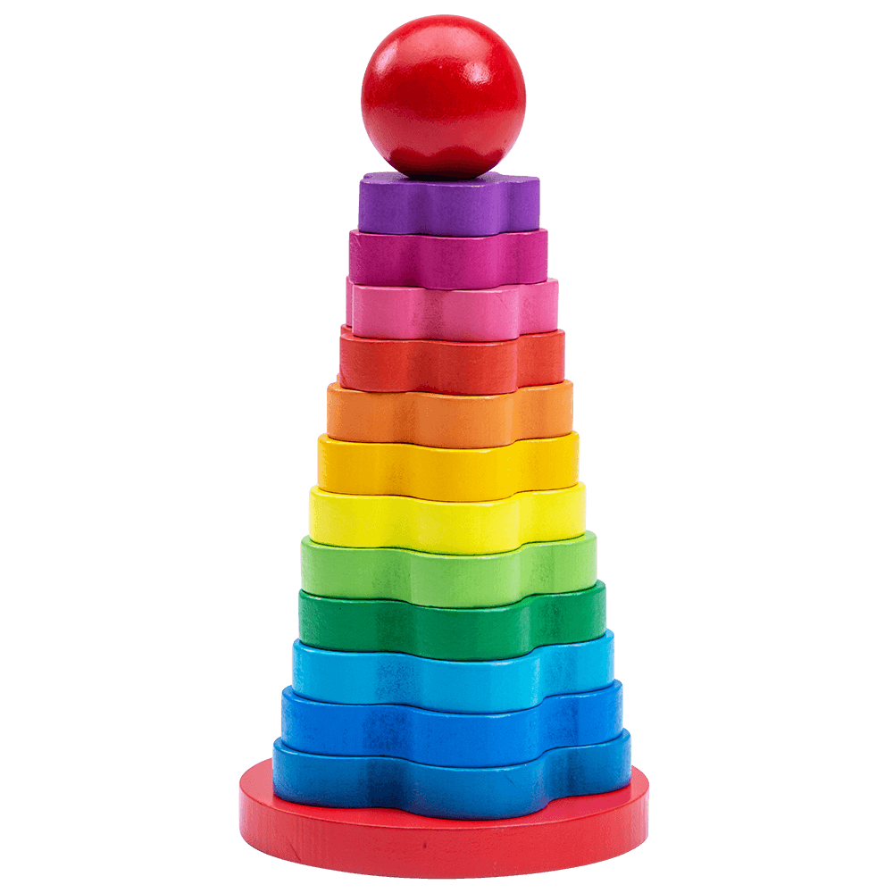 Wooden rainbow colour stacker of flower shapes