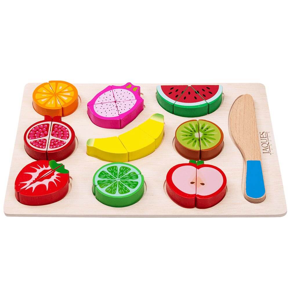 Wooden board of 9 sliceable pieces of fruit and a knife