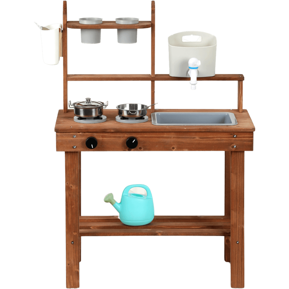 Children's wooden mud kitchen with pans and utensils