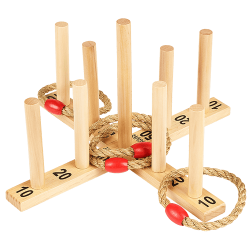 Studio image of the Nine Pin Quoits board and quoits on a neutral background