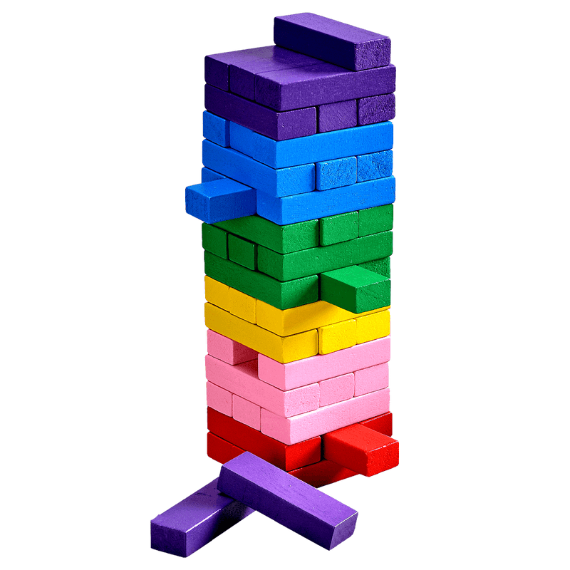 Rainbow tumble tower game for kids - a stack of bright rainbow coloured blocks