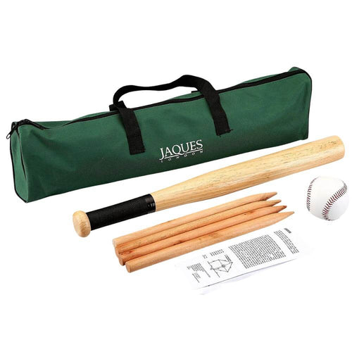 Rounders green canvas bag, rounders bat, posts, ball and instructions laid out on a white background