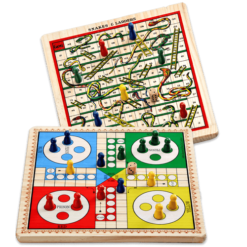 Snakes and ladders board game with ludo on reverse side