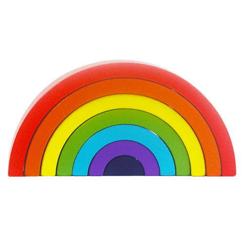 Kids wooden rainbow toy - 7 colourful arches front facing one on top of the other to form a rainbow