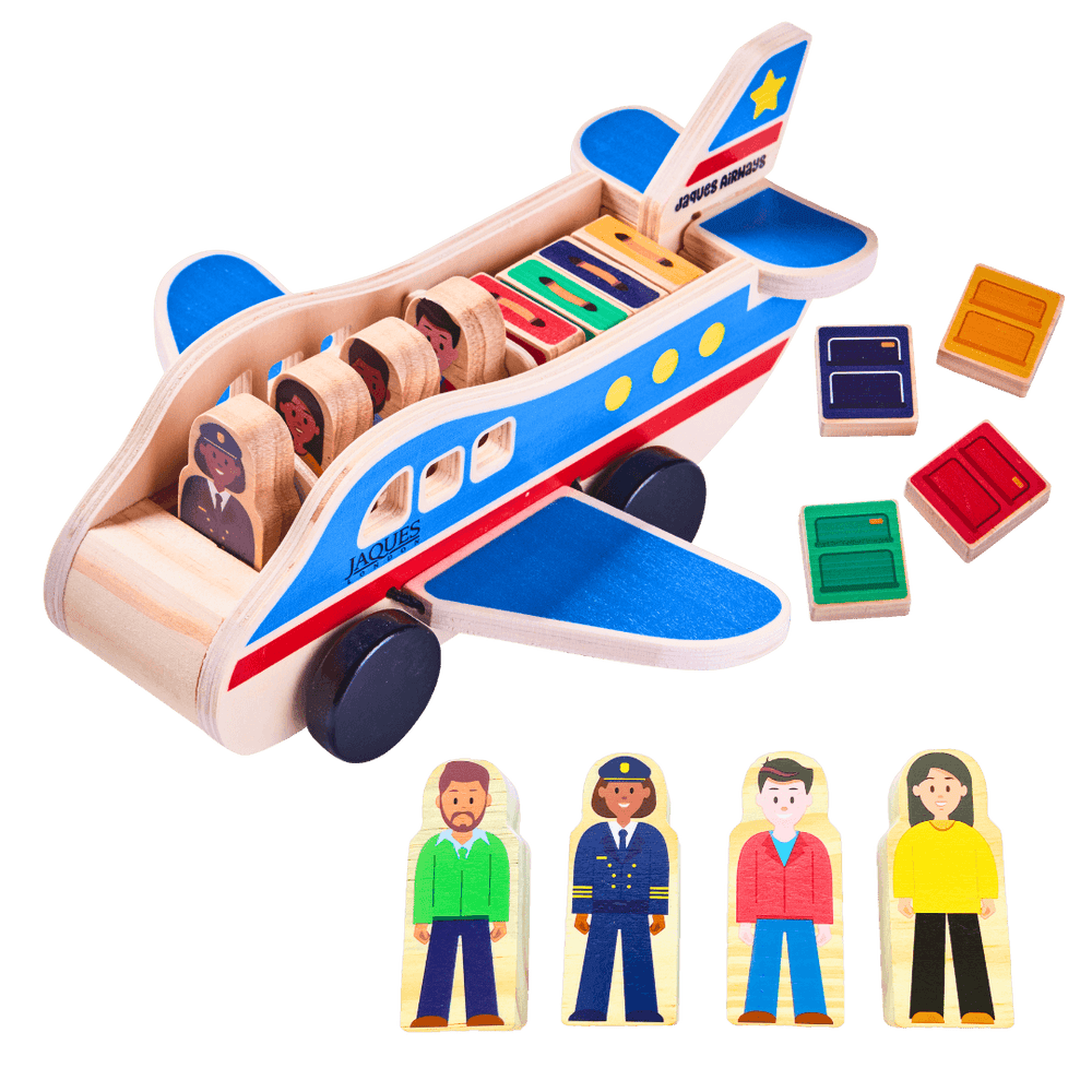 Wooden aeroplane with people and luggage pieces