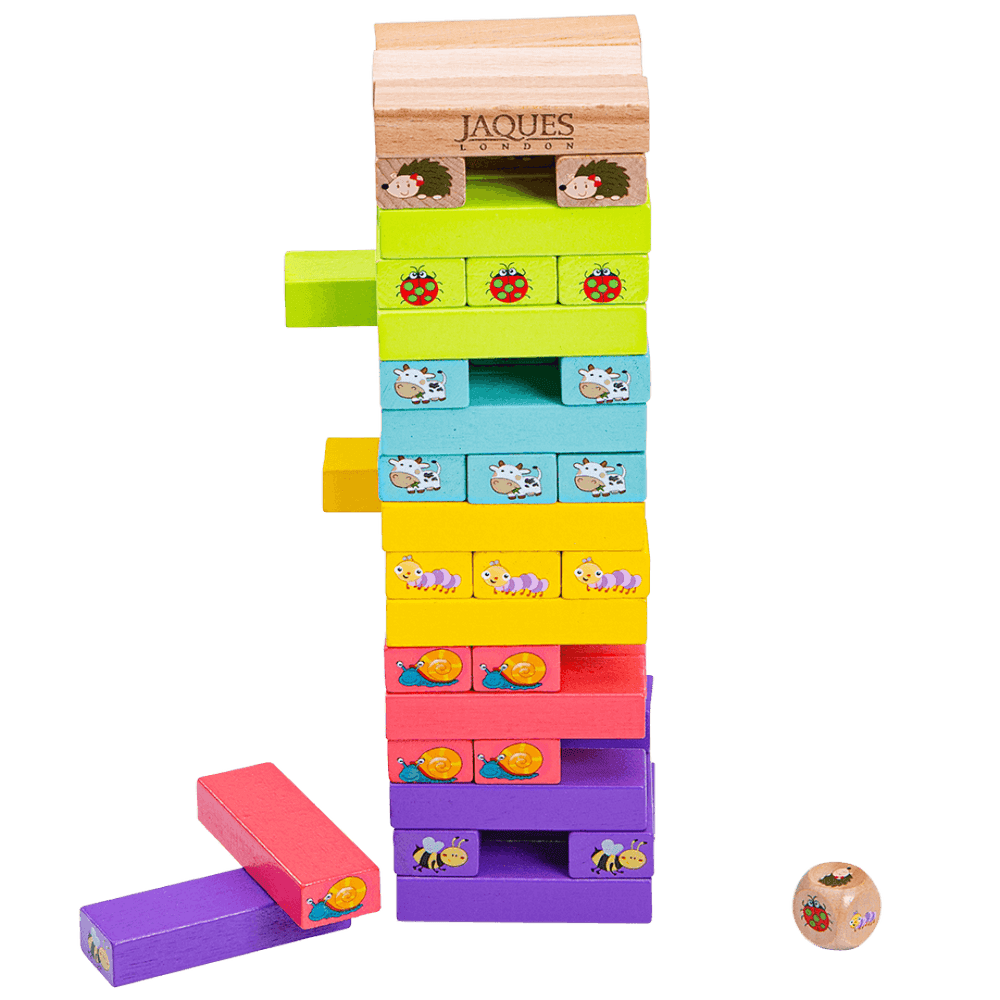 Front facing tumble tower with blocks coming out