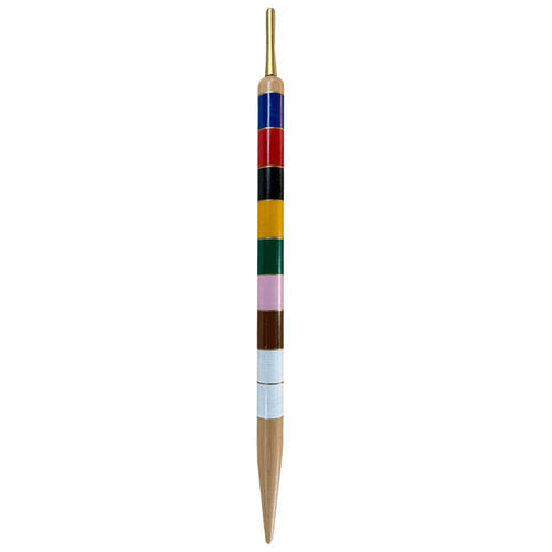 Wooden croquet 8 colour wining peg with gold tip. Colours are blue, red, black, yellow, green, pink, brown, white [lifestyle]