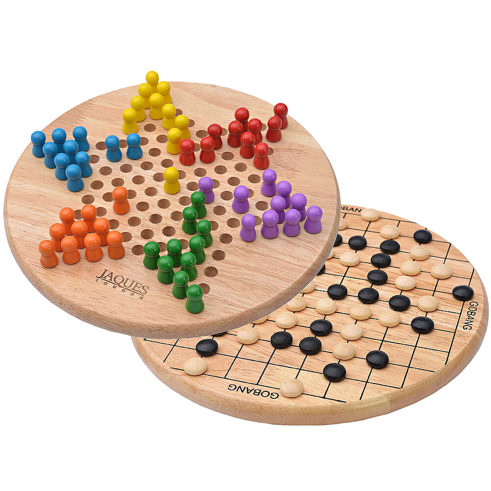 Reversible image shows each side of board, Chinese checkers and then go bang 