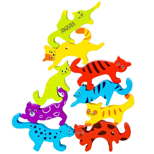 Crazy cats - Wooden stacking toy in the shape of cats. 9 different cats, coloured red, green, yellow and blue stacked on top of each other.