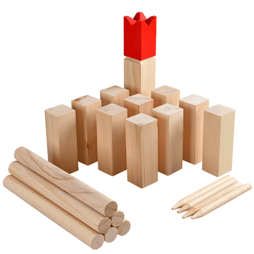 Wooden kubb game all the pieces arranged neatly