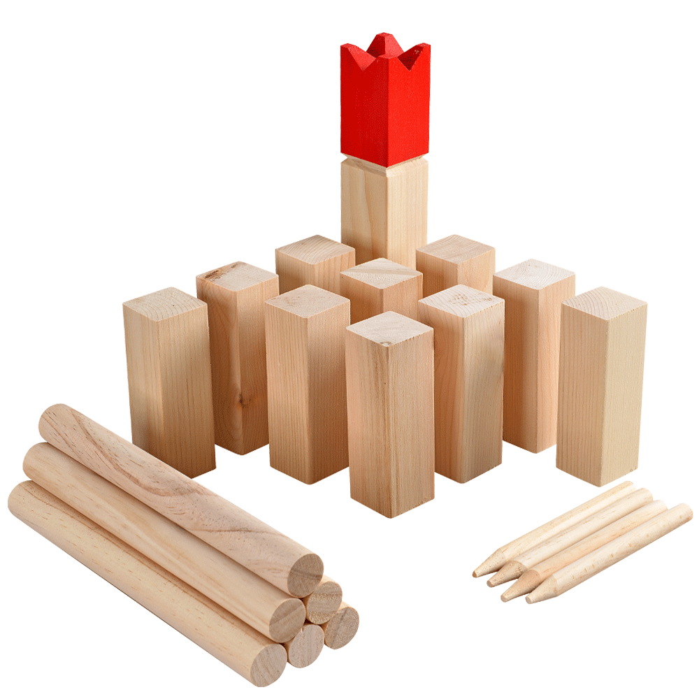 Wooden kubb game all the pieces arranged neatly