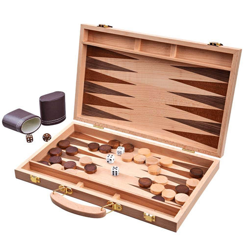 Solid Oak Case Backgammon Set, open with pieces inside and dice cup 